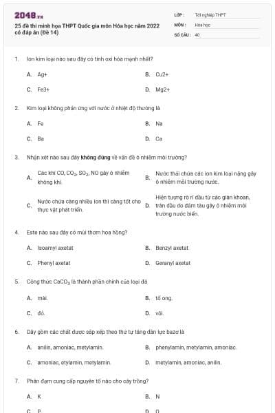 25 đề thi minh họa THPT Quốc gia môn Hóa học năm 2022 có đáp án (Đề 14)