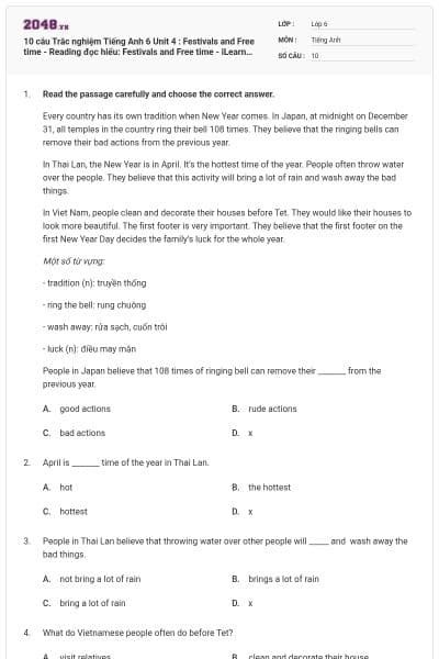 10 câu Trắc nghiệm Tiếng Anh 6 Unit 4 : Festivals and Free time - Reading đọc hiểu: Festivals and Free time - iLearn Smart World có đáp án