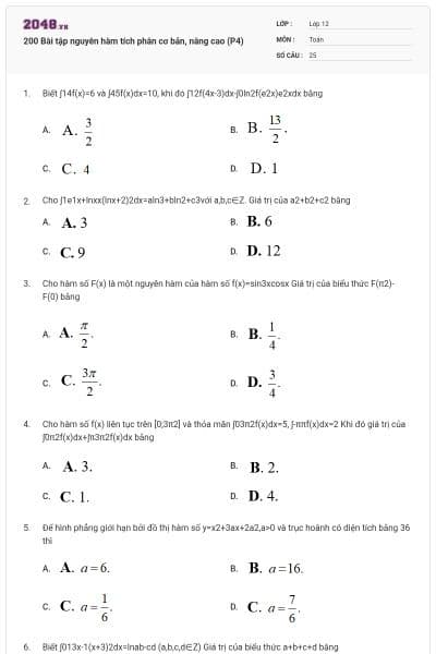 200 Bài tập nguyên hàm tích phân cơ bản, nâng cao (P4)