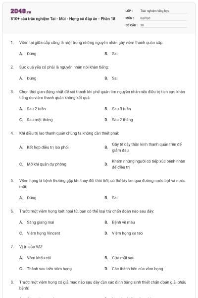 810+ câu trắc nghiệm Tai - Mũi - Họng có đáp án - Phần 18