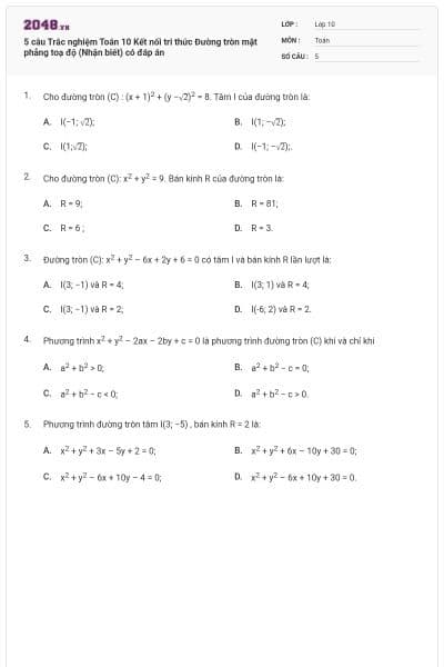 5 câu Trắc nghiệm Toán 10 Kết nối tri thức Đường tròn mặt phẳng toạ độ (Nhận biết) có đáp án