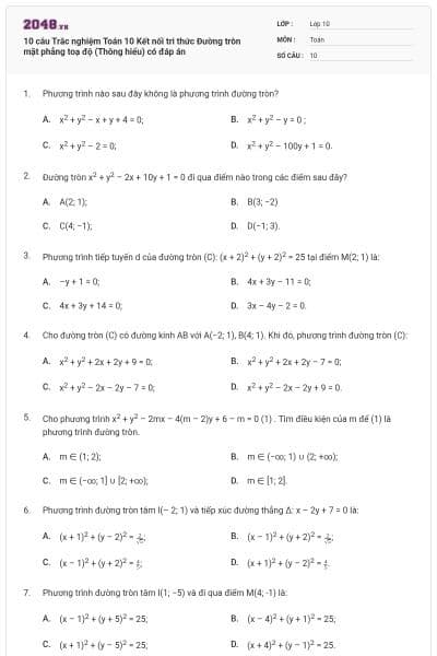 10 câu Trắc nghiệm Toán 10 Kết nối tri thức Đường tròn mặt phẳng toạ độ (Thông hiểu) có đáp án