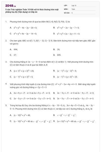 5 câu Trắc nghiệm Toán 10 Kết nối tri thức Đường tròn mặt phẳng toạ độ (Vận dụng) có đáp án