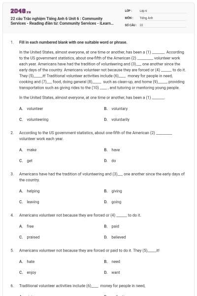 22 câu Trắc nghiệm Tiếng Anh 6 Unit 6 : Community Services - Reading điền từ: Community Services - iLearn Smart World có đáp án