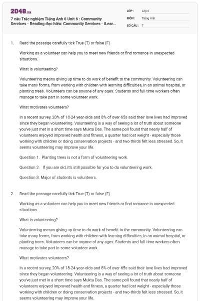 7 câu Trắc nghiệm Tiếng Anh 6 Unit 6 : Community Services - Reading đọc hiểu: Community Services - iLearn Smart World có đáp án