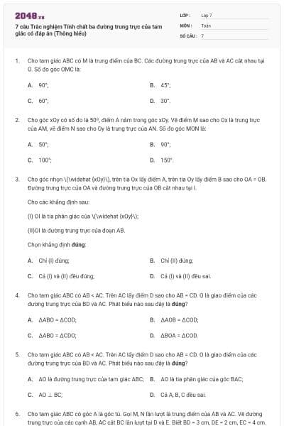 7 câu Trắc nghiệm Tính chất ba đường trung trực của tam giác có đáp án (Thông hiểu)