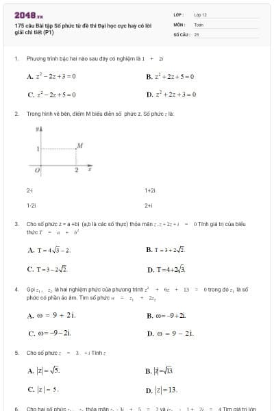175 câu Bài tập Số phức từ đề thi Đại học cực hay có lời giải chi tiết (P1)