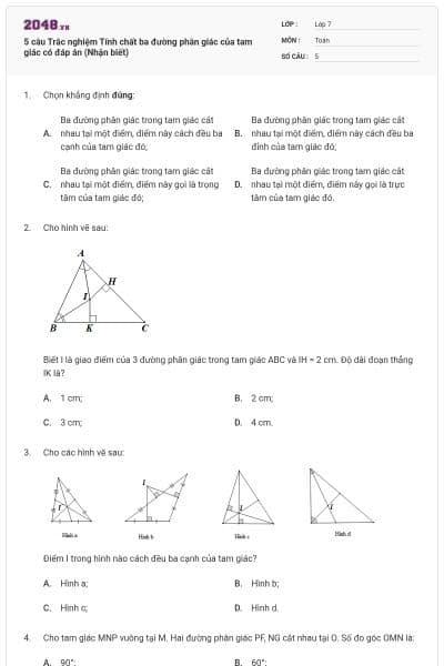 5 câu Trắc nghiệm Tính chất ba đường phân giác của tam giác có đáp án (Nhận biết)