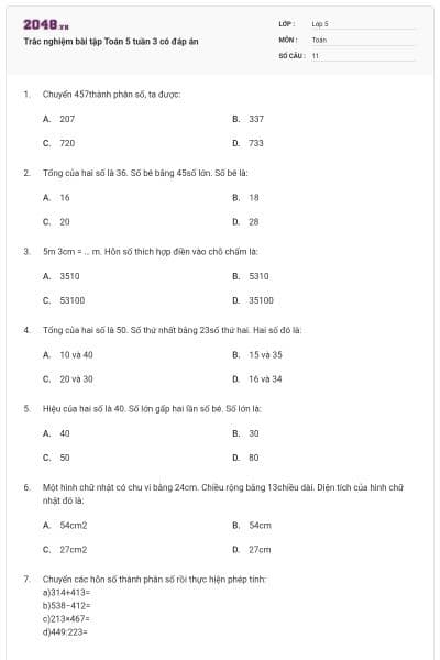 Trắc nghiệm bài tập Toán 5 tuần 3 có đáp án