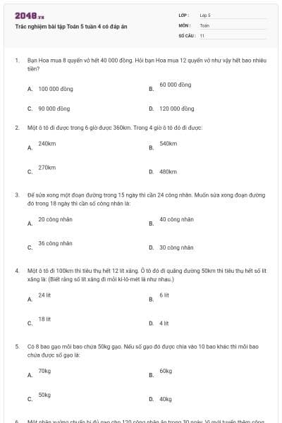 Trắc nghiệm bài tập Toán 5 tuần 4 có đáp án