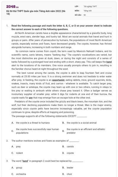 Đề thi thử THPT Quốc gia môn Tiếng Anh năm 2022 (Đề 18)
