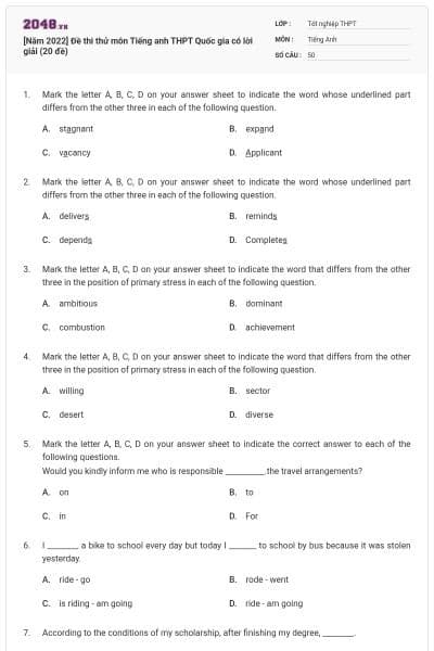[Năm 2022] Đề thi thử môn Tiếng anh THPT Quốc gia có lời giải (20 đề)