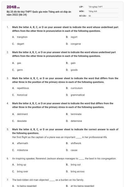 Bộ 25 đề thi thử THPT Quốc gia môn Tiếng anh có đáp án năm 2022 (Đề 24)
