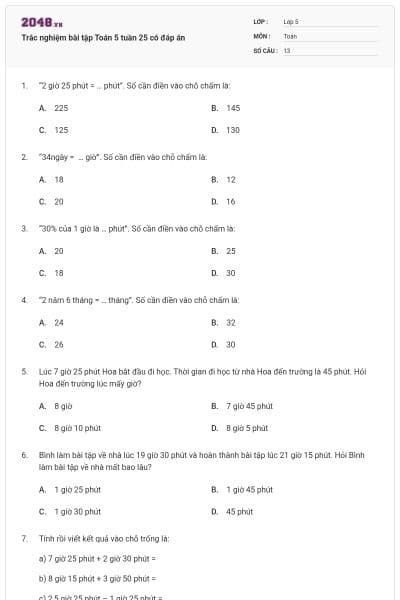 Trắc nghiệm bài tập Toán 5 tuần 25 có đáp án