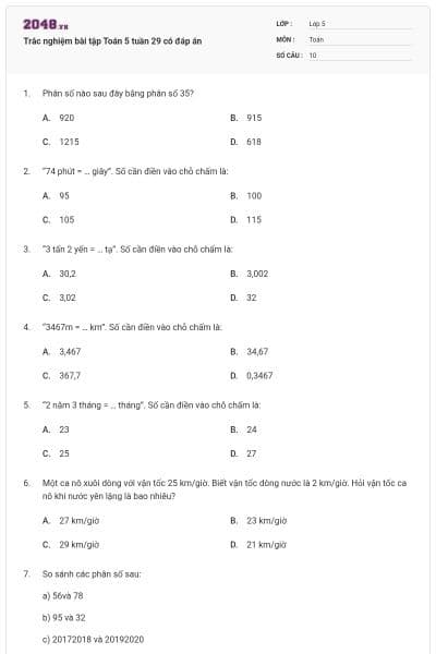 Trắc nghiệm bài tập Toán 5 tuần 29 có đáp án