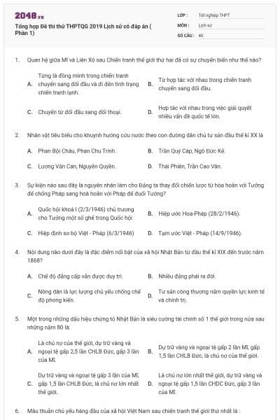 Tổng hợp Đề thi thử THPTQG 2019 Lịch sử có đáp án ( Phần 1)
