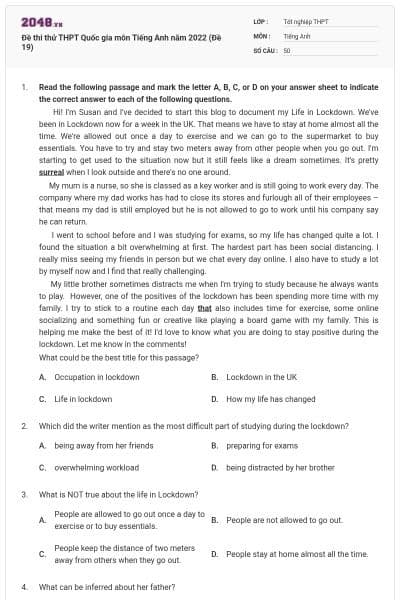 Đề thi thử THPT Quốc gia môn Tiếng Anh năm 2022 (Đề 19)