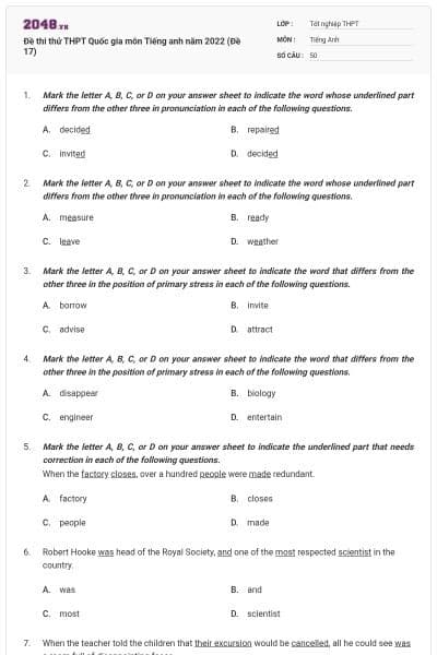 Đề thi thử THPT Quốc gia môn Tiếng anh năm 2022 (Đề 17)