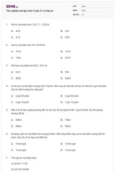 Trắc nghiệm bài tập Toán 5 tuần 31 có đáp án