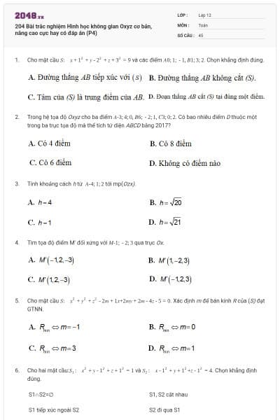 204 Bài trắc nghiệm Hình học không gian Oxyz cơ bản, nâng cao cực hay có đáp án (P4)