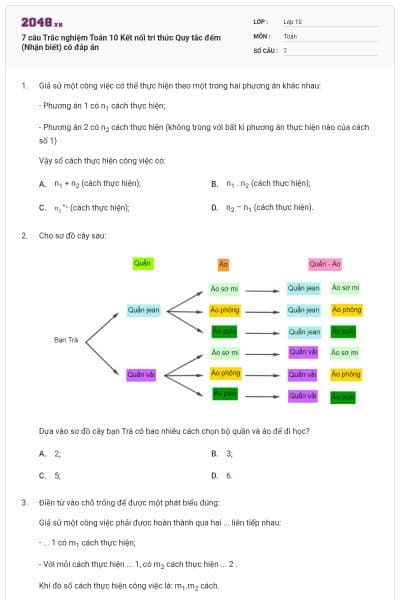 7 câu Trắc nghiệm Toán 10 Kết nối tri thức Quy tắc đếm (Nhận biết) có đáp án