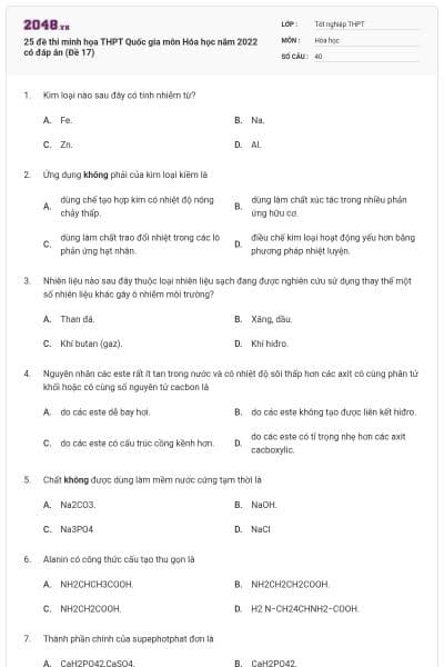 25 đề thi minh họa THPT Quốc gia môn Hóa học năm 2022 có đáp án (Đề 17)