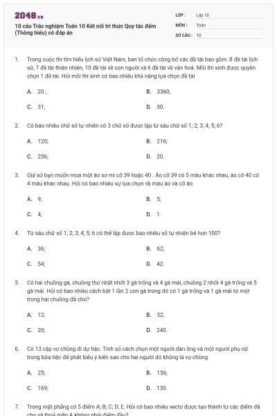 10 câu Trắc nghiệm Toán 10 Kết nối tri thức Quy tắc đếm (Thông hiểu) có đáp án