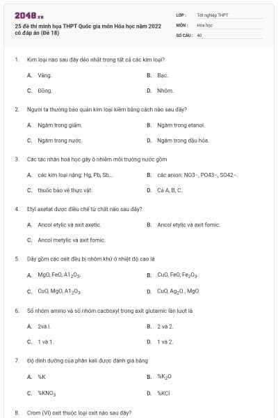 25 đề thi minh họa THPT Quốc gia môn Hóa học năm 2022 có đáp án (Đề 18)