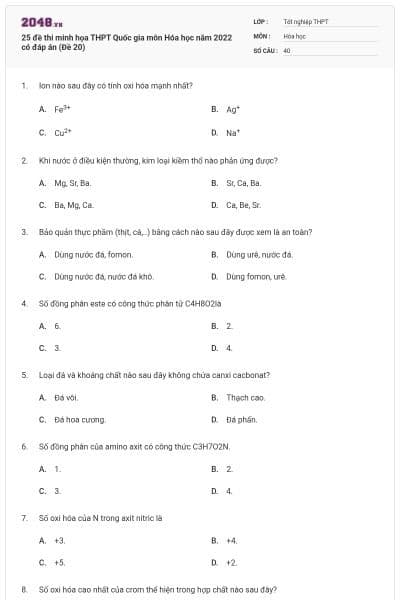25 đề thi minh họa THPT Quốc gia môn Hóa học năm 2022 có đáp án (Đề 20)