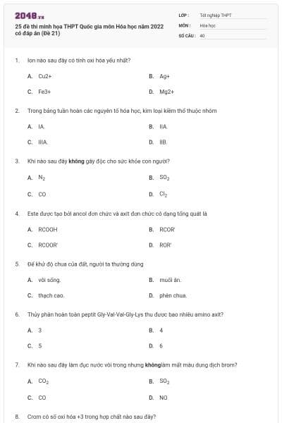 25 đề thi minh họa THPT Quốc gia môn Hóa học năm 2022 có đáp án (Đề 21)