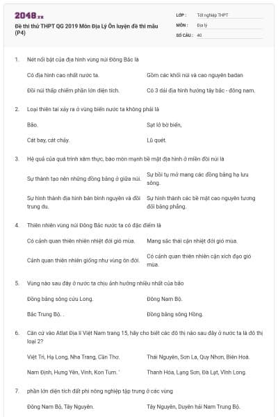 Đề thi thử THPT QG 2019 Môn Địa Lý Ôn luyện đề thi mẫu (P4)