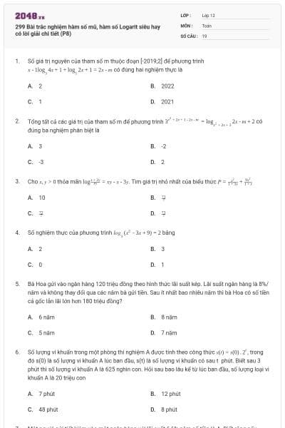 299 Bài trắc nghiệm hàm số mũ, hàm số Logarit siêu hay có lời giải chi tiết (P8)