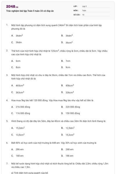 Trắc nghiệm bài tập Toán 5 tuần 33 có đáp án