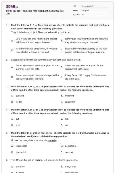 Đề thi thử THPT Quốc gia môn Tiếng Anh năm 2022 (Đề 20)