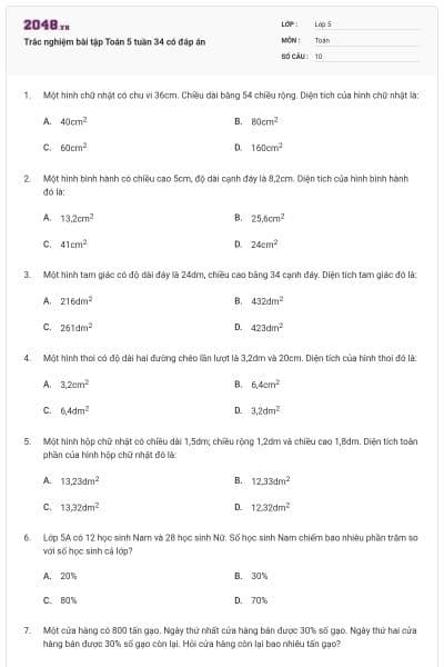 Trắc nghiệm bài tập Toán 5 tuần 34 có đáp án