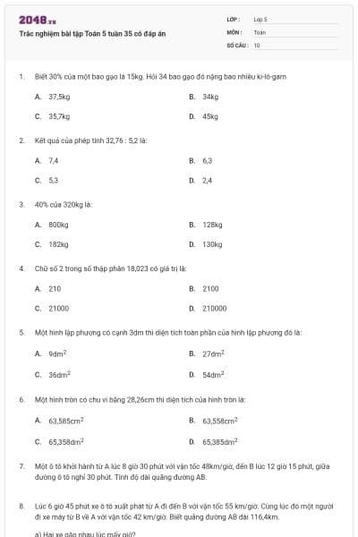 Trắc nghiệm bài tập Toán 5 tuần 35 có đáp án