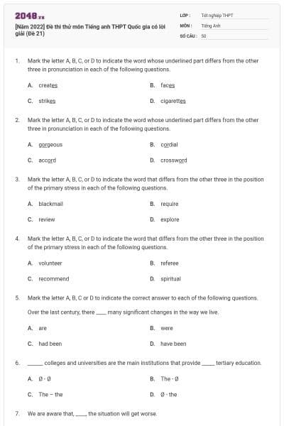 [Năm 2022] Đề thi thử môn Tiếng anh THPT Quốc gia có lời giải (Đề 21)