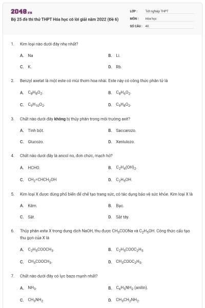 Bộ 25 đề thi thử THPT Hóa học có lời giải năm 2022 (Đề 6)