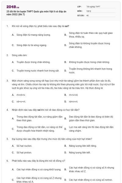 25 đề thi ôn luyện THPT Quốc gia môn Vật lí có đáp án năm 2022 (Đề 7)