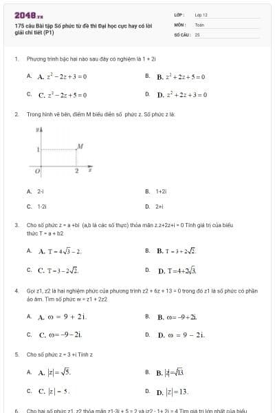 175 câu Bài tập Số phức từ đề thi Đại học cực hay có lời giải chi tiết (P1)