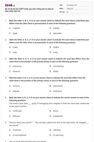 Bộ 25 đề thi thử THPT Quốc gia môn Tiếng anh có đáp án năm 2022 (Đề 25)