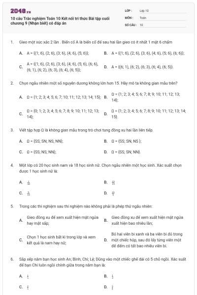 10 câu Trắc nghiệm Toán 10 Kết nối tri thức Bài tập cuối chương 9 (Nhận biết) có đáp án