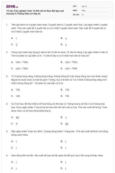 15 câu Trắc nghiệm Toán 10 Kết nối tri thức Bài tập cuối chương 9 (Thông hiểu) có đáp án