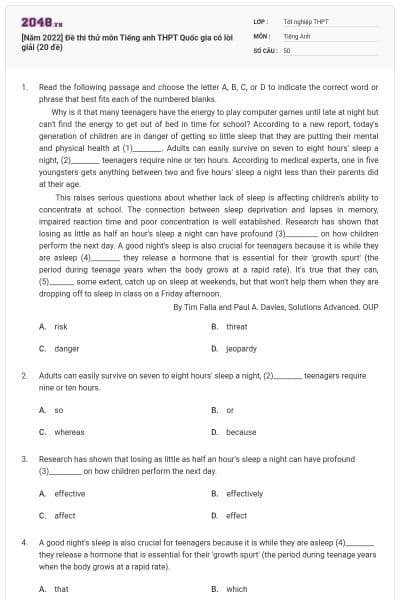 [Năm 2022] Đề thi thử môn Tiếng anh THPT Quốc gia có lời giải (20 đề)