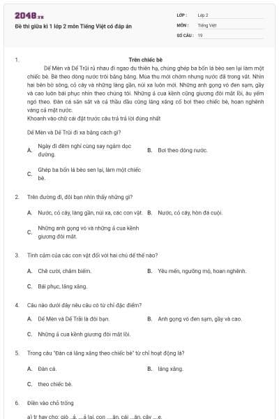 Đề thi giữa kì 1 lớp 2 môn Tiếng Việt có đáp án