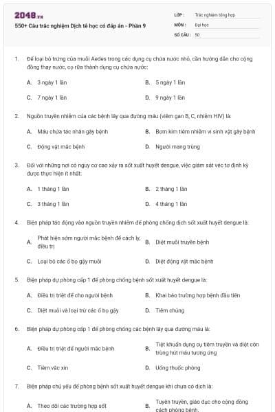 550+ Câu trắc nghiệm Dịch tễ học có đáp án - Phần 9