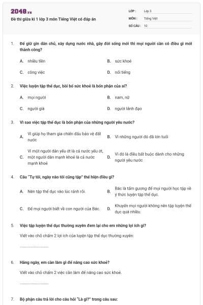 Đề thi giữa kì 1 lớp 3 môn Tiếng Việt có đáp án