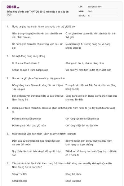 Tổng hợp đề thi thử THPTQG 2019 môn Địa lí có đáp án (P3)