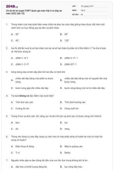 25 đề thi ôn luyện THPT Quốc gia môn Vật lí có đáp án năm 2022 (Đề 10)