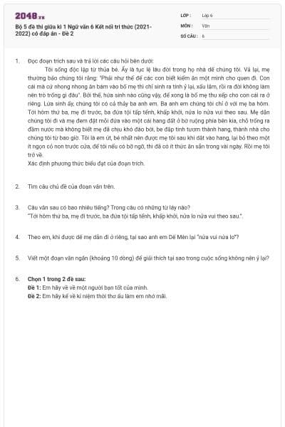 Bộ 5 đề thi giữa kì 1 Ngữ văn 6 Kết nối tri thức (2021-2022) có đáp án - Đề 2